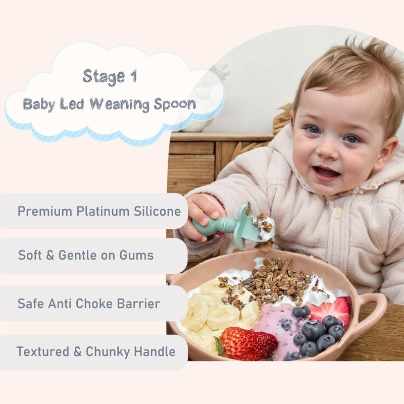 Ginbear Platinum Silicone Baby Spoons Self Feeding 6 Months First Stage, Non Toxic Infants Led Weaning Utensils for Training, Soft BLW Supplies Pack of 4 (Hazy Green/Pink) - Image 3